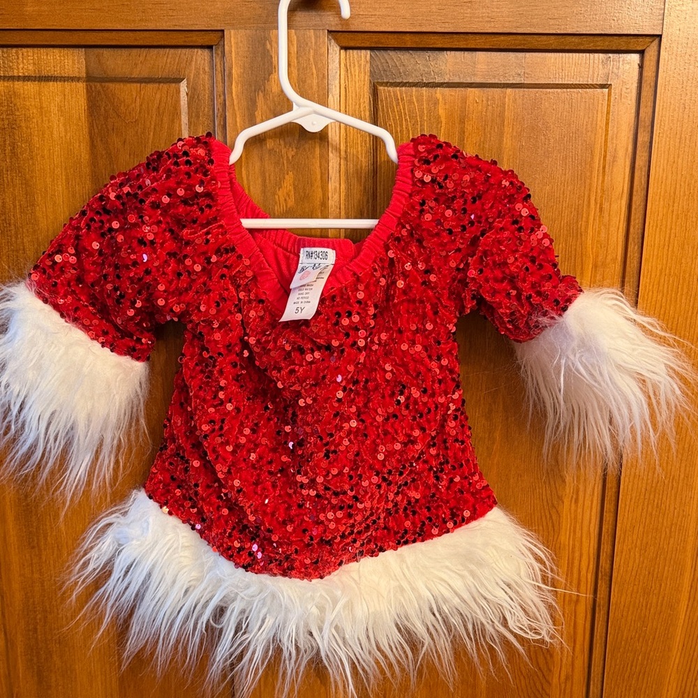 Red Sequin Kids Costume with White Fur Trim set with Bellbottom pants